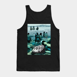 Indigenous Peoples Day, a Day of Mourning: Here They Come, Plymouth Rock 1620 on a Dark Background Tank Top